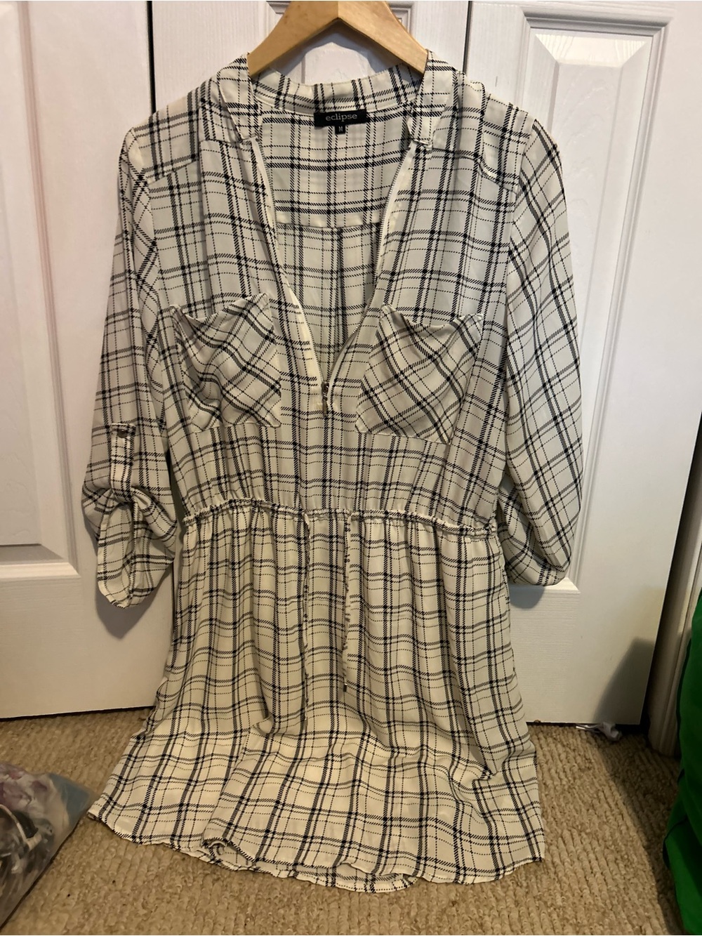 Eclipse Cream Plaid Button-Front Tunic Dress